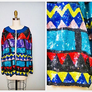 Plus Size Southwest Sequin Jacket / Bright Geometric Retro Jacket 1x 2x 3x