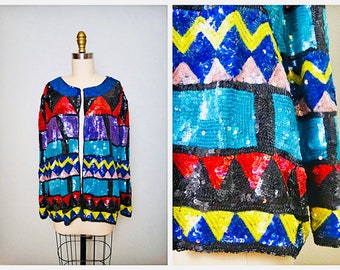 Chaqueta de lentejuelas estilo suroeste de talla grande / Chaqueta retro geométrica brillante 1x 2x 3x
