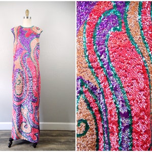 50s 60s Psychedelic Sequin Gown / 1950's 1960's Retro Pink and Purple Vintage Sequined Maxi Dress