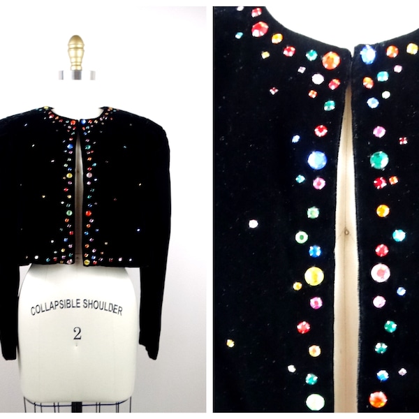 VTG Colorful Crystal Confetti Embellished Velvet Bolero // Rainbow Rhinestone Jewel Encrusted Formal Evening Cropped Jacket