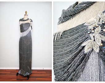 RARE Crystal Beaded Gown by Neiman Marcus / Gray Fringe Vintage Glam Gala Formal Dress / Mother of the Bride Gown