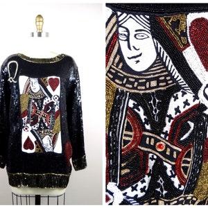 Queen of Hearts Beaded Sequin Embellished Queens Top // Las Vegas Casino Gambling Playing Cards Novelty Whimsical Top
