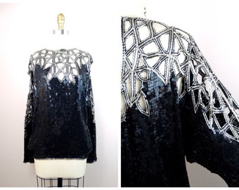 Lattice Beaded Cutouts Top w/ Pockets // All Sequin Embellished Dolman Sleeve Top / Black and Silver Sequined Wide Sleeve Blouse