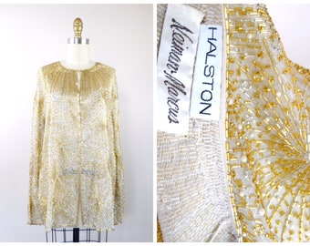 HALSTON Gold Beaded Long Jacket / Designer Vintage Couture Pearl Beaded Top Size 12