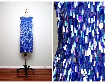 M/L Fringe Paillette Sequined Dress // Iridescent Periwinkle Sequin Dress // Tassel Beaded Dress
