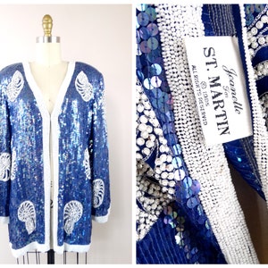 1985 Jeanette for St. Martin Blue and White Sequined Jacket / 80’s Silk Embellished Long Blazer / Seashell Beaded Navy Jacket