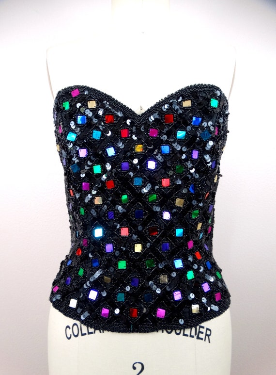 Jewel Sequined Beaded Art Deco Bustier // Rainbow… - image 2