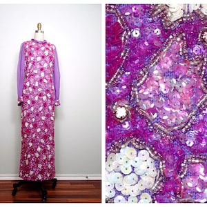 50s 60s Sequined Beaded Gown / 1950’s 1960’s Pink & Purple Heavily Sequin Embellished Wool Knit Dress