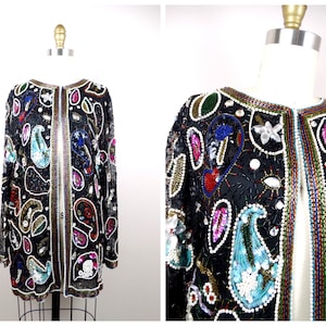 M/L Heavily Beaded Jacket // Retro Paisley Sequin Embellished Long Blazer