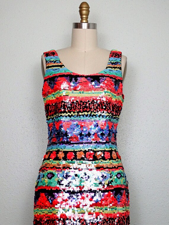 XS/S Fluorescent Sequin Dress / Bright Vintage Ne… - image 2