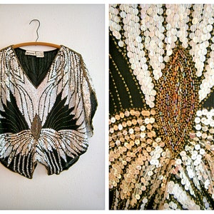 VTG Batwing Sequin Top // Black White and Silver Embellished Poncho // Butterfly Beaded Top