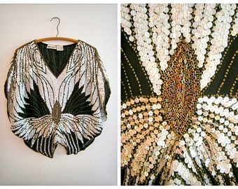 VTG Batwing Sequin Top // Black White and Silver Embellished Poncho // Butterfly Beaded Top