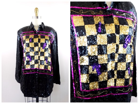 RETRO Sequin Chessboard Button Down Top / Black a… - image 1