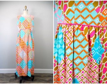 60s 70s MOD Neon Maxi Dress w/ Pockets // 1970's Fluorescent Pink Geometric Patchwork Spring Wedding Guest Dress