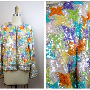 S/M Iridescent Sequined Bejeweled Jacket / Glam Pastel Sequin Embellished Jewel Beaded Jacket