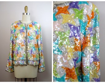Chaqueta con lentejuelas iridiscentes y joyas talla S/M / Chaqueta con cuentas y joyas adornadas con lentejuelas pastel glamurosas