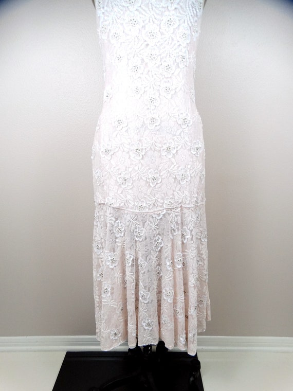 70s Blush Pink Lace Pearl Beaded Sequined Dress /… - image 3