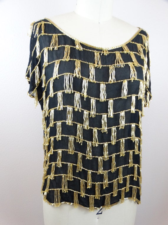 VTG Sheer Beaded Fringe Top // Gold Fringed Beaded Vi… Gem