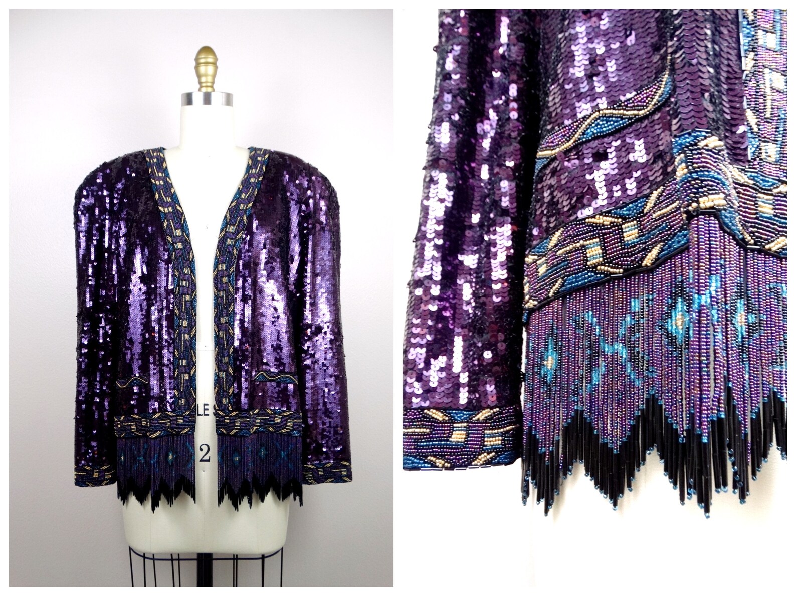M/L Beaded Fringe Sequined Jacket / Violet Plum Purple Sequin | Etsy