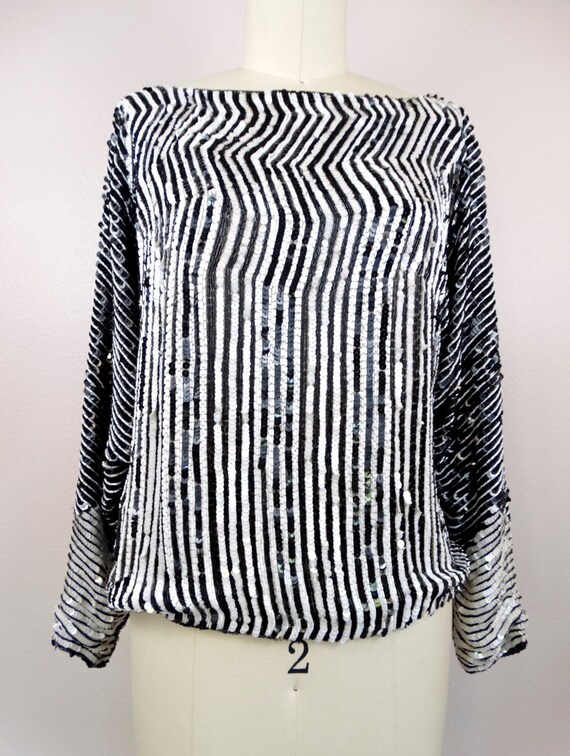 Heavily Beaded Blouse / Black and White Sequin To… - image 2