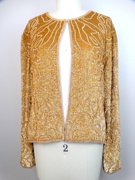 L/XL Metallic Gold Sequin Jacket // Matte Bronze … - image 5