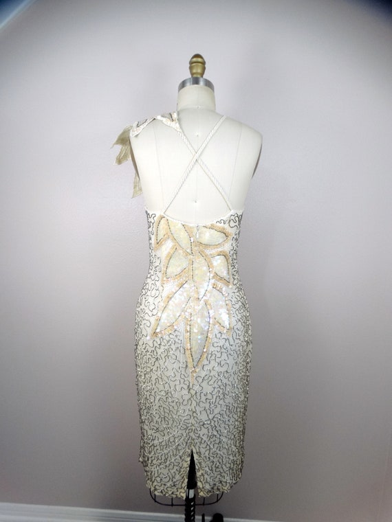 VTG Ivory Sequined Gown / Iridescent White and Si… - image 6