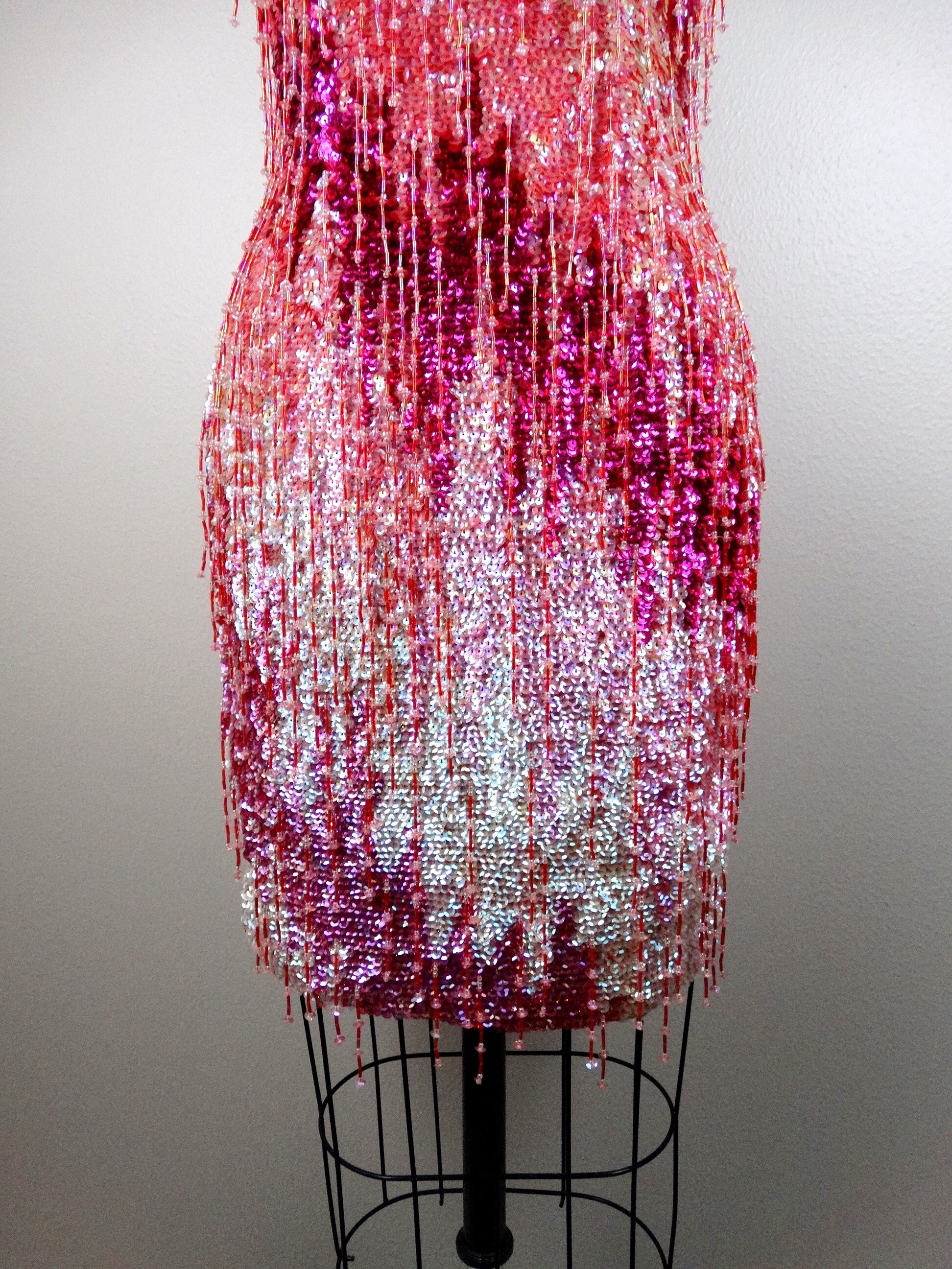 Electric Pink Beaded Fringe Dress // Iridescent Sequined Mini Dress // Sequin Embellished Tassel Beaded Dress Electric Pink Beaded Fringe Dress // Iridescent Sequined Mini Dress // Sequin Embellished Tassel Beaded Dress