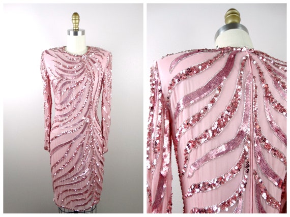 Vintage Sequin Embellished Dress / Rose Pink Sequ… - image 8