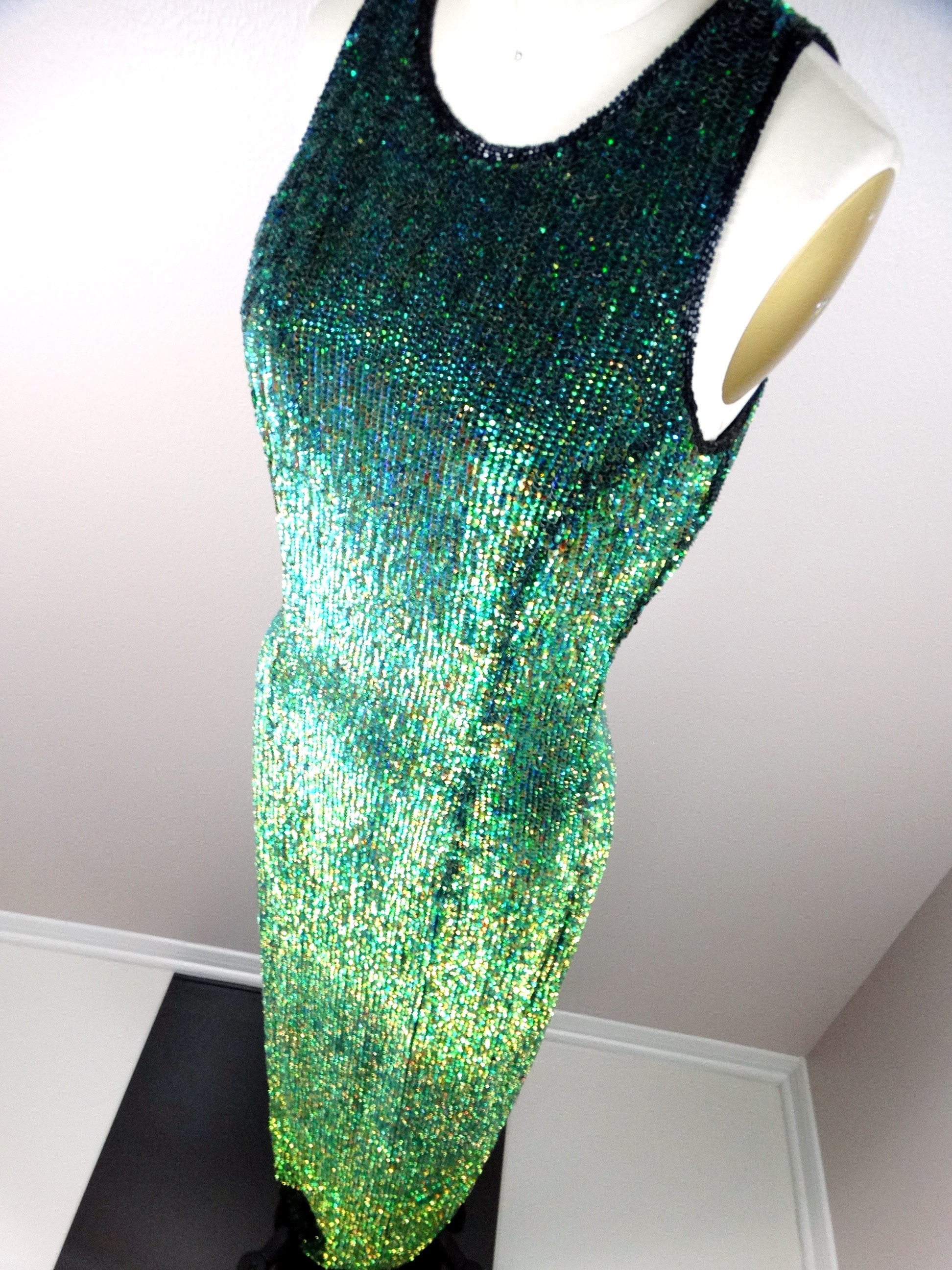 Color Changing Sequin Gown / Iridescent Chameleon Green Embellished Dress Color Changing Sequin Gown / Iridescent Chameleon Green Embellished Dress