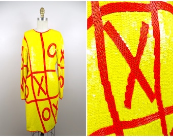 Tic-Tac-Toe Sequin Dress • 80s Pop Art Yellow Sequined Beaded Dress • Retro Neon Embellished Dress • 1980's Bright Vintage Dress