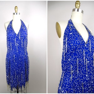 Purple Fringe Beaded Dress by Lillie Rubin / All Over Fringed Beaded Halter Dress / Fringe Beaded Mini Dress