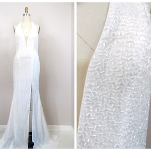 Deep V Fully Beaded Wedding Dress / White Embellished Wedding Gown / Sheer Plunging Neck Bridal Couture Dress w/ High Slit