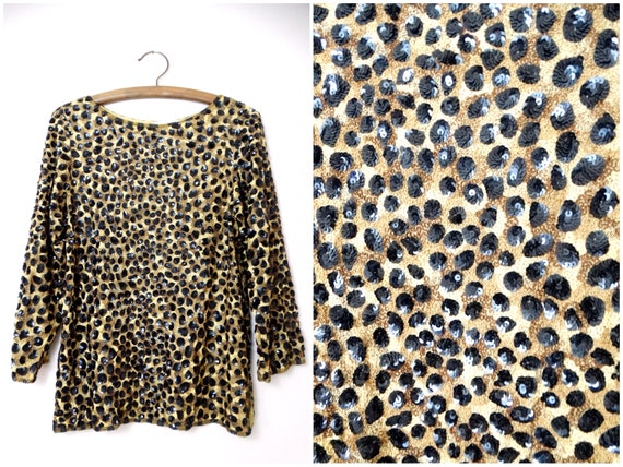 Wild Leopard Sequin Embellished Top // Vintage Se… - image 1