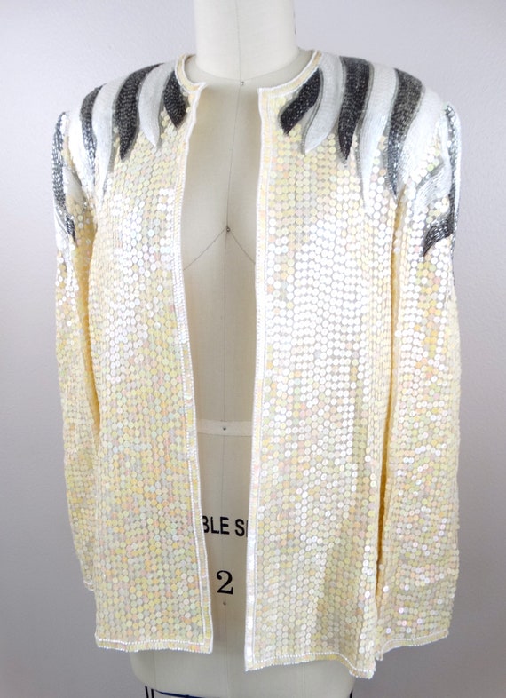 Hand Beaded Iridescent Sequined Silk Cardigan / S… - image 2