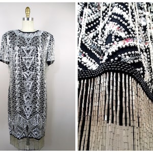 HEAVILY Beaded Fringe Gatsby Dress / Black and Silver Art Deco Flapper Dress