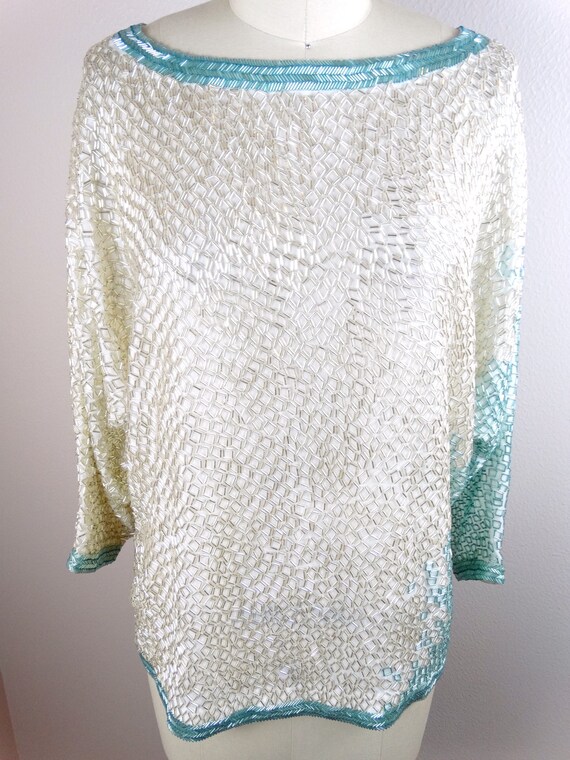 HEAVY Fully Beaded Top // Heavily Embellished Sil… - image 4