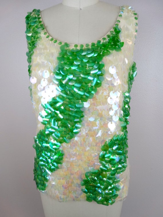 50s 60s Paillette Sequin Top // Kelly Green and I… - image 2