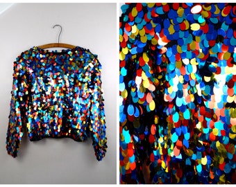 Sparkling Paillette Pullover Sweater / Confetti Sequin Embellished Party Top