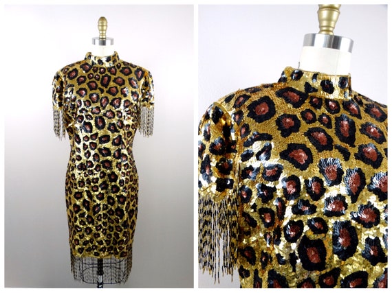 80s Wild Glam Sequin Dress Fringe Beaded Sequined Leopard Print Fully Embellished Dress 80s Animal Print Gold Sequin Dress Large XL Etsy UK