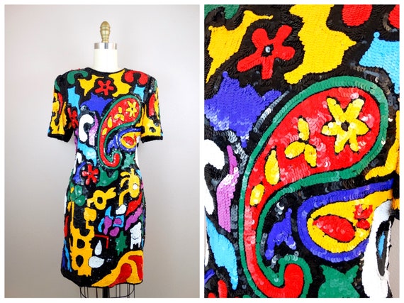 Funky Retro Sequin Dress / Psychedelic Neon Rainb… - image 1