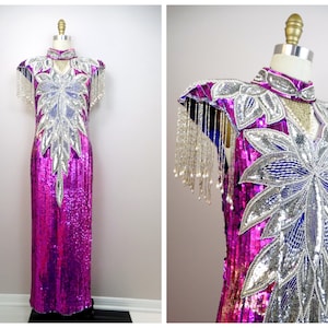 BRIGHT Fuchsia Sequined Pageant Gown ‣ Magenta Pink Embellished Floor Length Dress ‣ 80s 90s Sequin Maxi Gown w/ Dramatic Fringe Beading