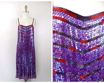 70s Sequin Dress by Neil Bieff and Neiman Marcus / Bright Purple Sequined Red Beaded Dress