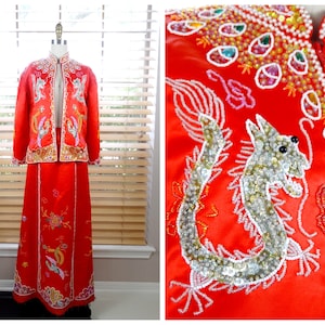 Oriental Crystal Beaded Maxi Skirt and Jacket Top / Traditional Vintage Sequined Dragon & Phoenix Wedding Dress