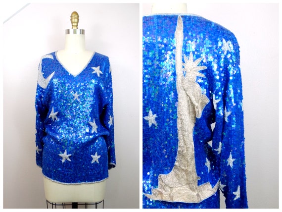 NYC Statue of Liberty Fully Sequined Top / Moon and S… - Gem
