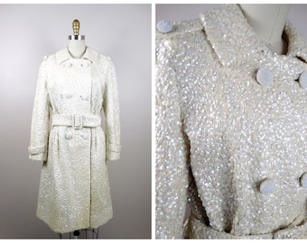 60s Sequined Coat w/ Belt / 1960's Iridescent Ivory Sequin Trench Coat / Fully Embellished Long Jacket