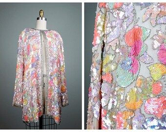 Reserved ** DAZZLING Iridescent Pastel Sequin Jacket / Bright Vintage Colorful Art Deco Blazer / Sparkly Beaded Trophy Jacket XL Large