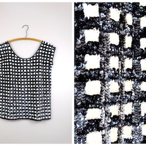 50s Retro Sequin Wool Blouse // Black & Ivory Checkered Top