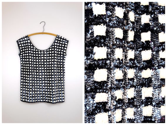 50s 60s Sequin Wool Top / Retro Black & Ivory Che… - image 1