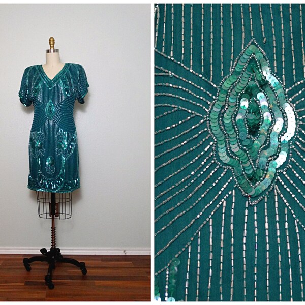 VTG Dark Turquoise Beaded Dress / Emerald Beaded Dress / Art Deco Bead & Sequins / Scala Trophy Dress / Teal Green Embellished Dress 6