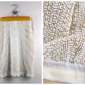 Vintage VALENTINO Pearl Beaded Silk Skirt // Designer Couture Cream Ivory and White Embellished Lace Sequined Dress Skirt XS